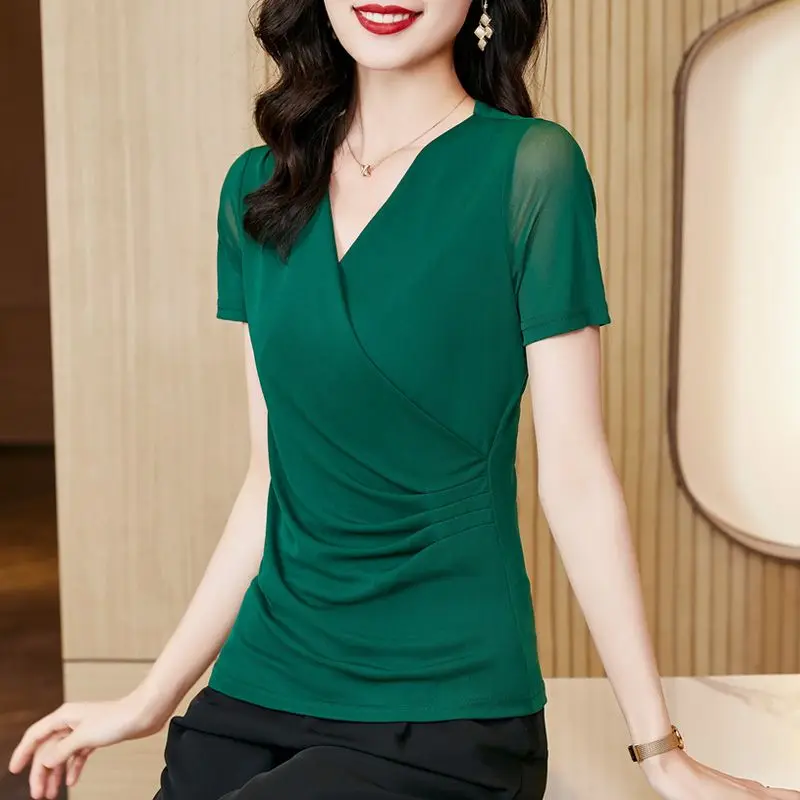 Summer Korean Fashion Simple Versatile V-neck Cross Gauze T-shirt Women Solid Short Sleeve Office Lady Temperament Thin Lace Top