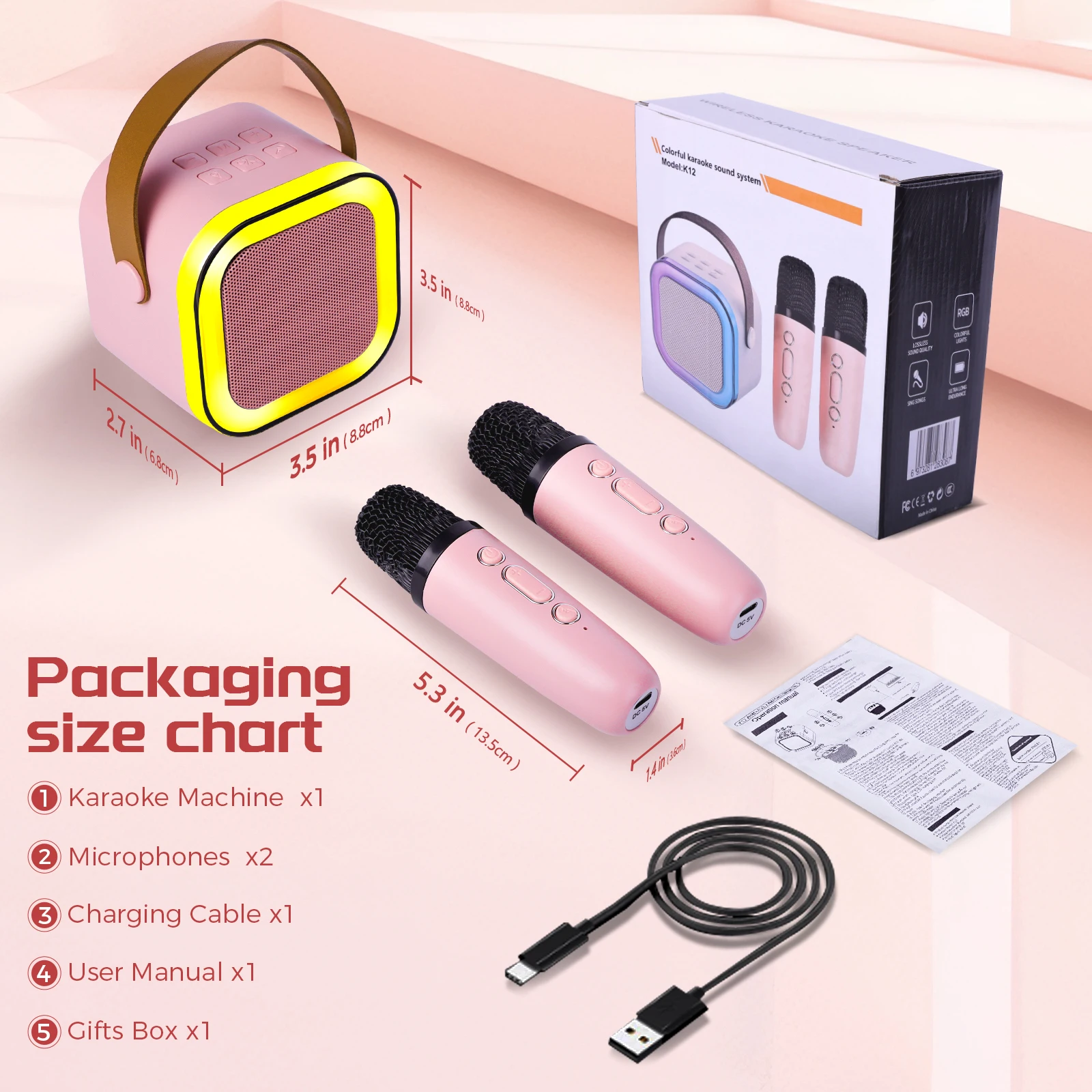 ﻿   INEYES جديد K12 آلة الكاريوكي مكبر صوت بخاصية البلوتوث قابل للنقل مع 2 ميكروفونات لاسلكية الأسرة الغناء مكبر الصوت للأطفال Gif
