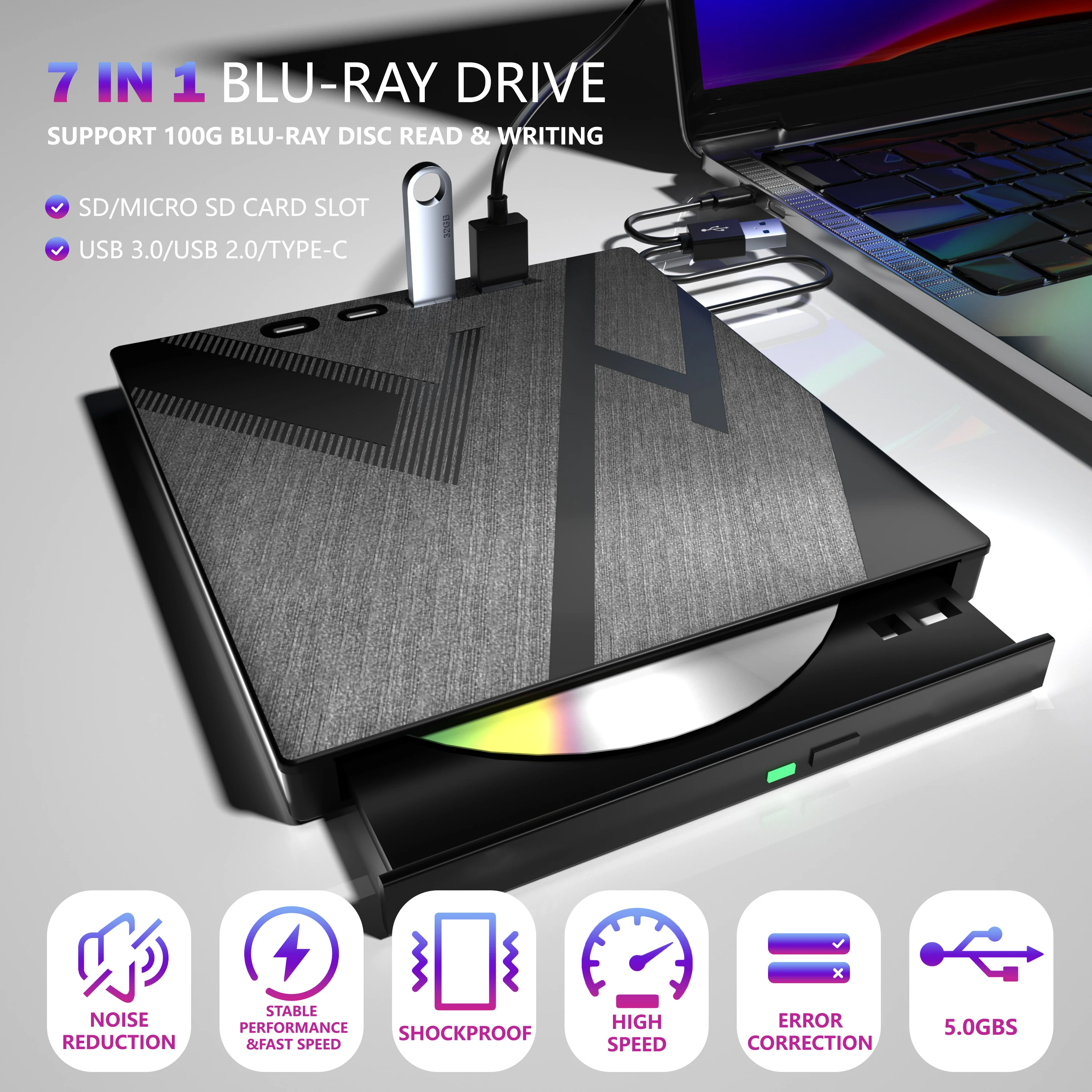 Multi Functional Small Blu Ray Portability Cd Writer Burners Optical Drive USB External DVD Player Card Reader Drive