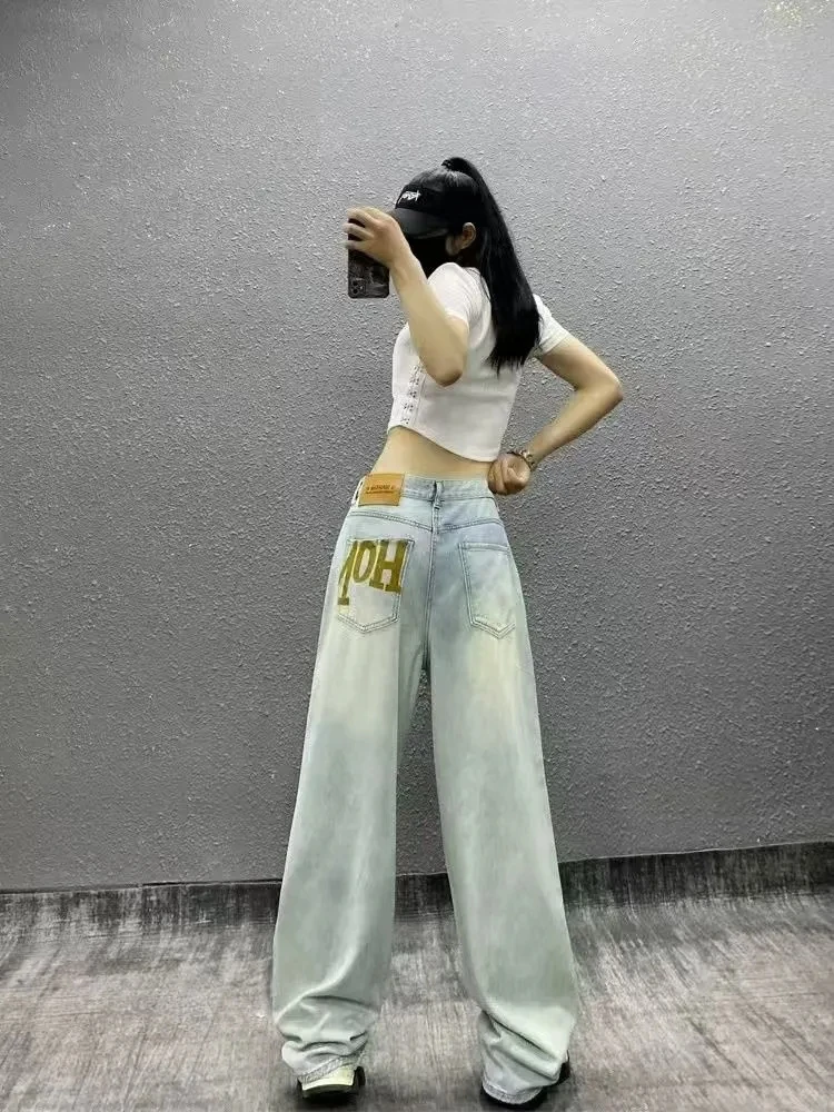

2025 Summer Embroidered Korean Style Wide Leg Jeans Women High Street Ripped Straight Leg Pants Girls Light Blue Denim Trousers