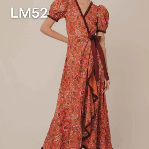 

2025 New Retro Floral Print Lace-up Long Dress Woman New Spring V-neck Elegant For Women Lantern Sleeve Temperament Dresses