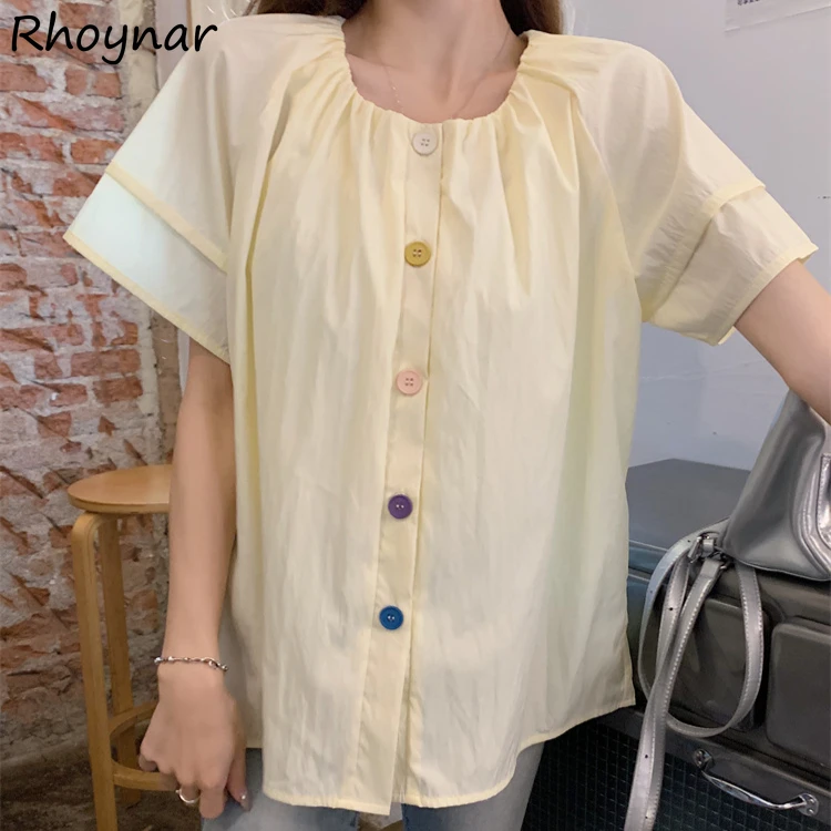 

Short Sleeve T-shirts Women Korean Style Candy Color Button Design Baggy Fashion Casual Simple All-match Aesthetic Tops Summer