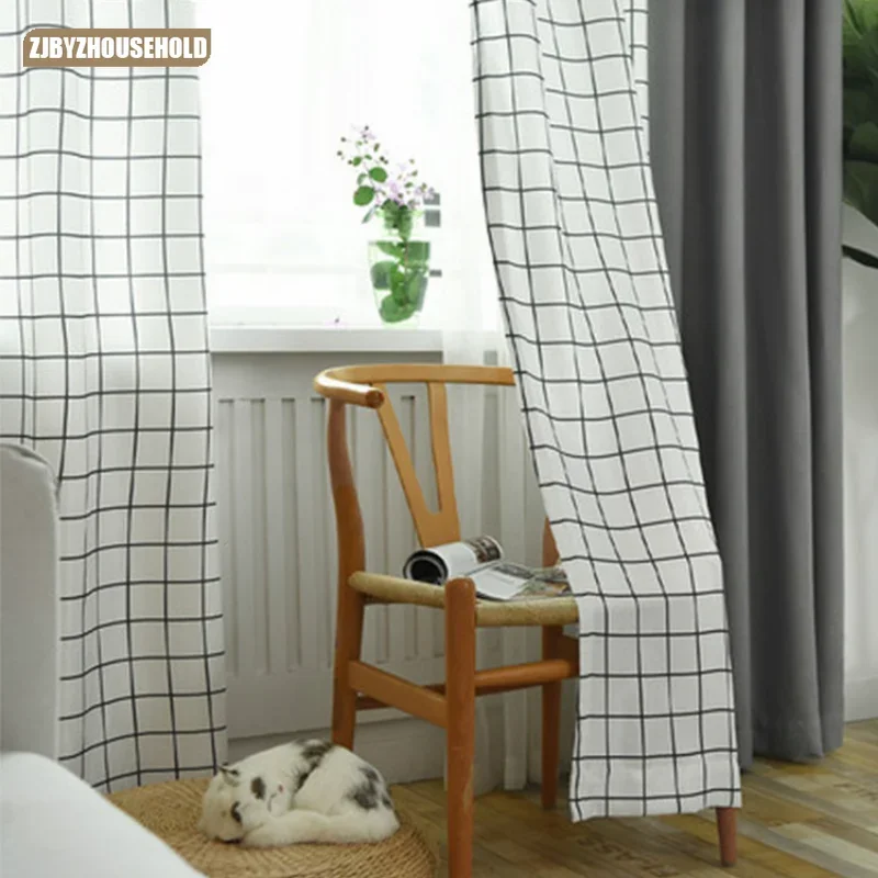 

Modern Simple Black and White Check Printing Curtains for Living Dining Room Bedroom White Background Black Line