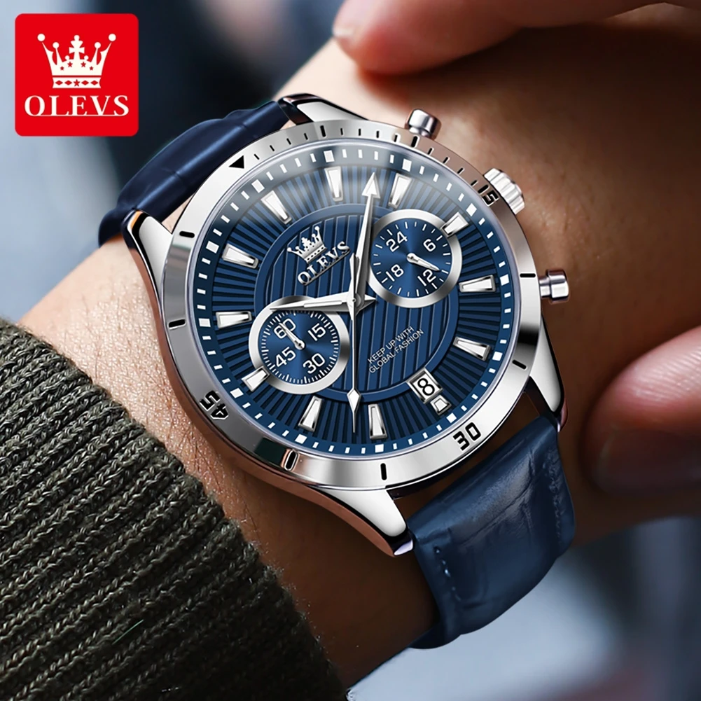 OLEVS 2921 Chronograph Men\'s Watches Fashion Leather Strap Waterproof Auto Date Hand Clock Top Luxury Brand Quartz Watch for Men