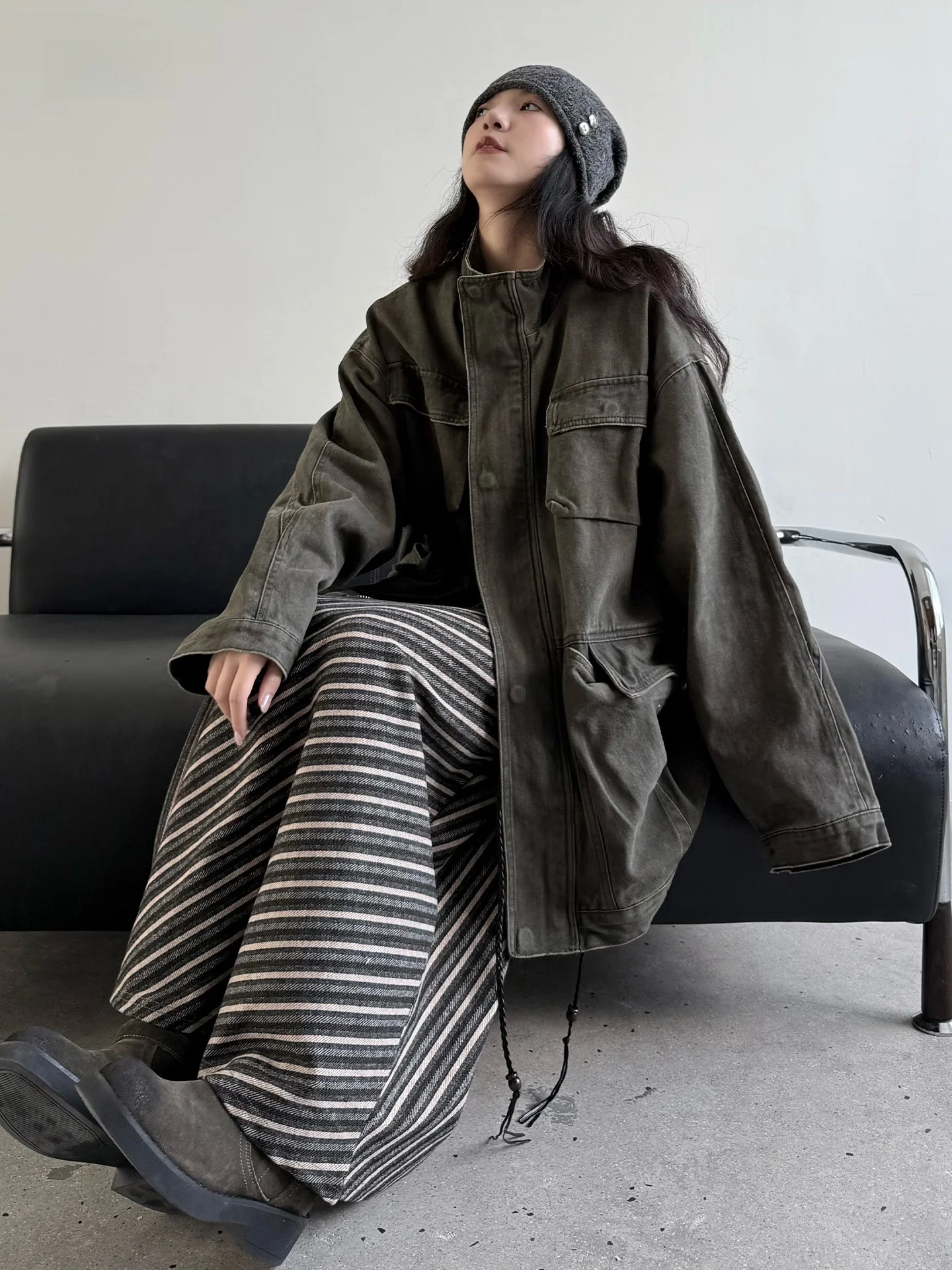 

Тяжелое осенне-зимнее пальто с несколькими карманами в стиле ретро для женщин, хлопковое пальто на пуговицах в винтажном стиле