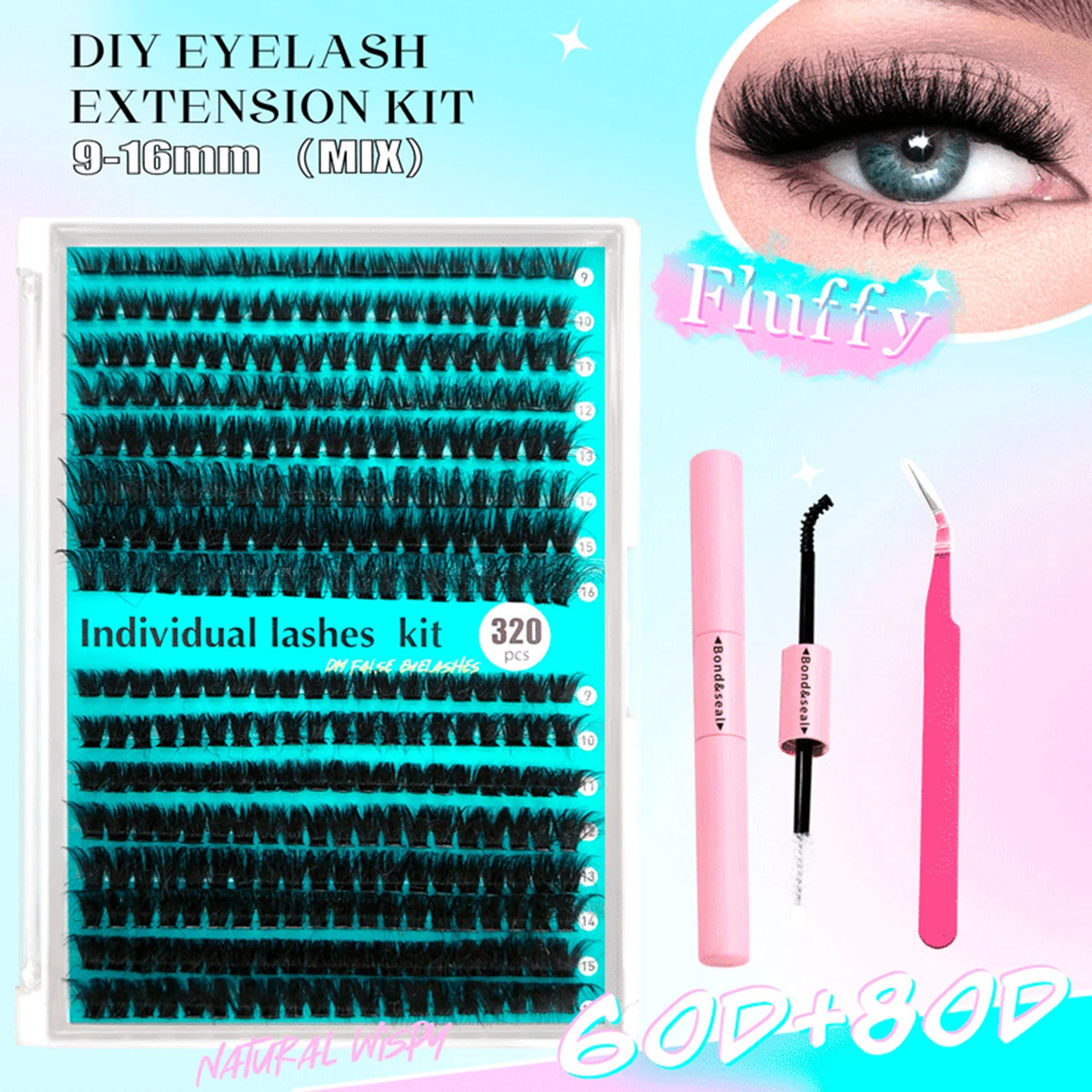 60D 80D False Eyelashes Extension kit 320pcs 9-16mm cluster lashes natural black 3D Eyelash bond and seal kit Cosmetic Supplies