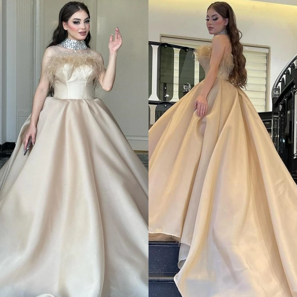 

Jersey Draped Beading Feather Homecoming Ball Gown High Collar Bespoke Occasion Long Dresses