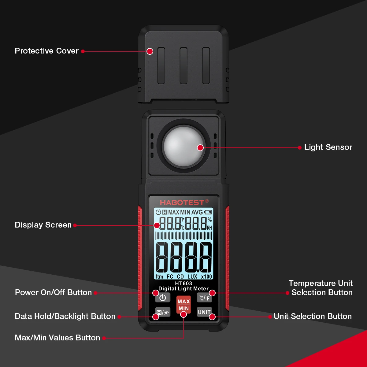 HABOTEST HT603 Light Meter 200000 Lux Digital Illuminance Meter with Ambient Humidity and Temperature Meter Lux Meter