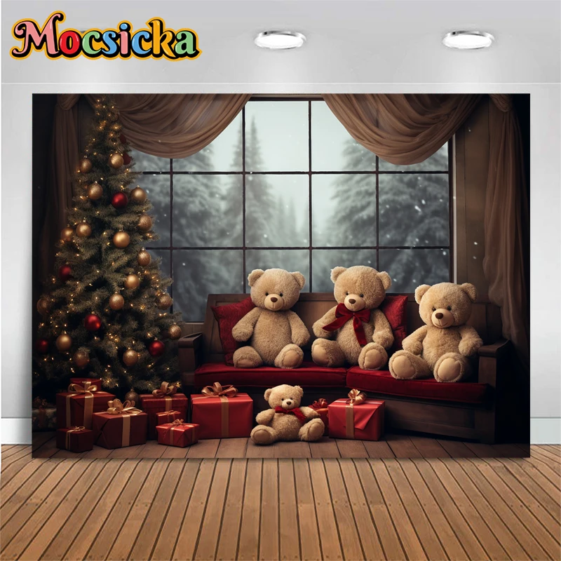 Merry Christmas ภาพพื้นหลังสําหรับเด็กในร่มหน้าต่างบ้าน Xmas Tree หมีของขวัญการถ่ายภาพฉากหลังสตูดิโอ Photozone