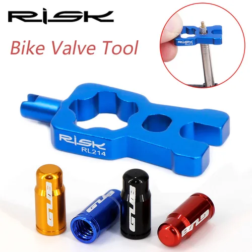 Imagen 1 del producto RISK 4 en 1 llave central de válvula de bicicleta con 2 tapas de válvula Presta, herramienta de extracción de válvula de bicicleta de carretera, herramientas de reparación portátiles, accesorios