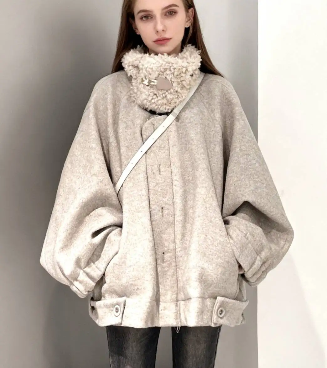 

Wool Blend Coats Womens Woolen Coat Elegant Woman Autumn Flannel Minimalist Embroidered Buttoning Stand-Collar Long-Sleeved Chic