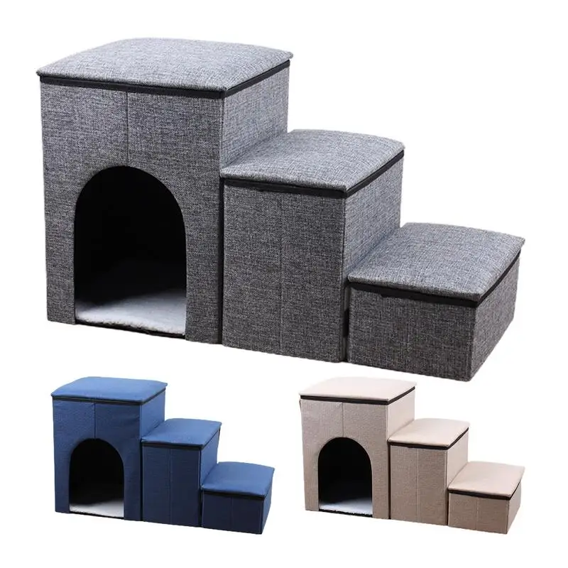 Foldable Pet Stairs With Storage Box 3 Steps Ramp Stairs For Couch Sofa High Bed Puppy Ramp Small Dog Stairs Pet Cat Dog Nest