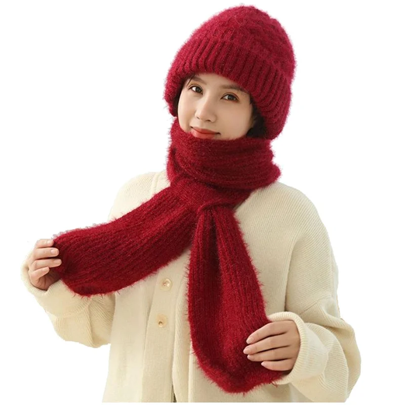 

AEF6-Women's Plush-Lined Acrylic Balaclavas Hood Scarf Hat Windproof Integrated Ear Protector Fashionable Winter Cap