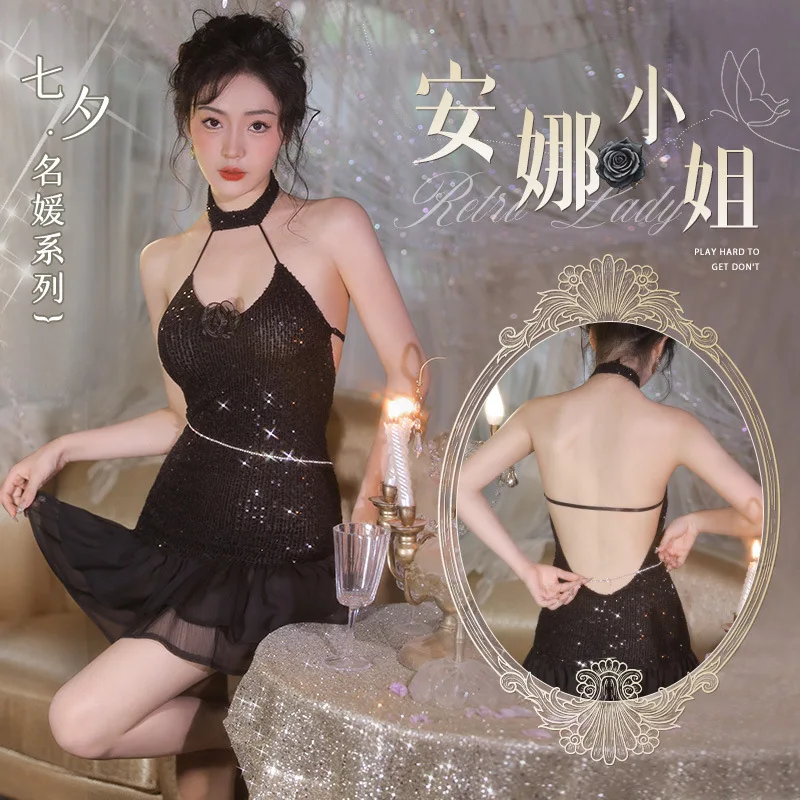 

Sexy Lingerie Actress Nightclub Party Dress Cosplay Costume Dancing Girl Roleplay Set Bead Chain Shiny Nightgown Mesh Temptation