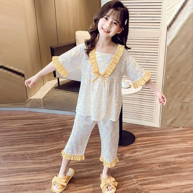 Summer Girls Lightweight Cotton Woven Mid-Sleeve Pajamas Set for 10 Year Old Air Conditioning Comfort