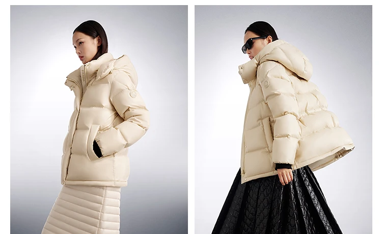 BOSIDENG Women Hooded Short Goose Down Coat 90% Goose Down 700+ Loft Shiny Fabric Adjustable Waist Puff Winter Outerwear