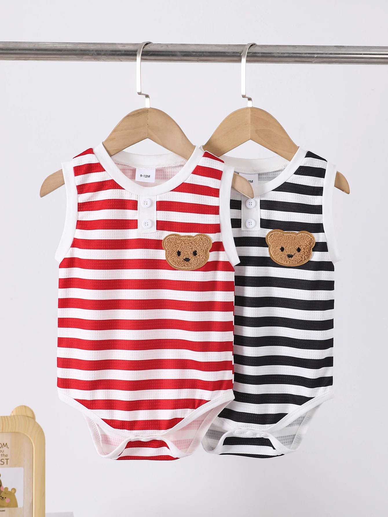 

Baby Boys Summer Casual Cute Striped Embroidery Bear Sleeveless Knitted Triangle Vest Red + Navy Blue Jumpsuit