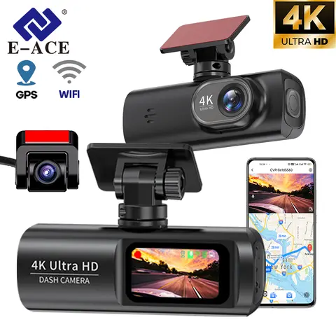 E-ACE Dash Cam 4K Car Video Recorder 170 ° Super Large Angle WIFI GPS 24H Parking Monitoring Car DVR 1080P Rear Camera Black Box