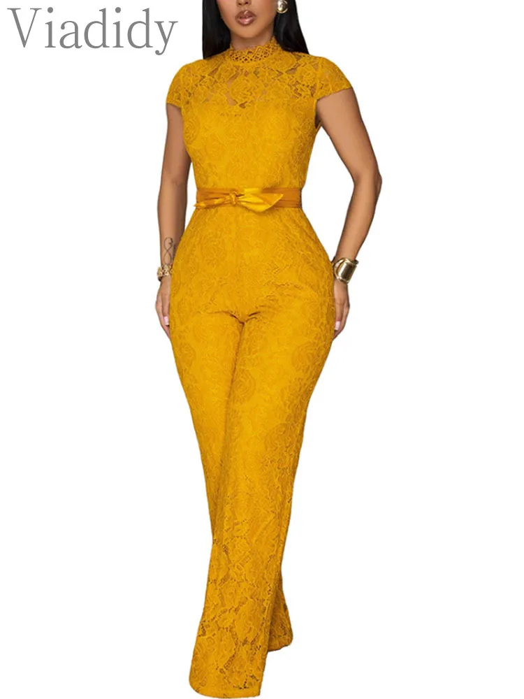 

Women's Elegant Solid Color Sheer Lace Sleeveless Belted Skinny Jumpsuits Rompers