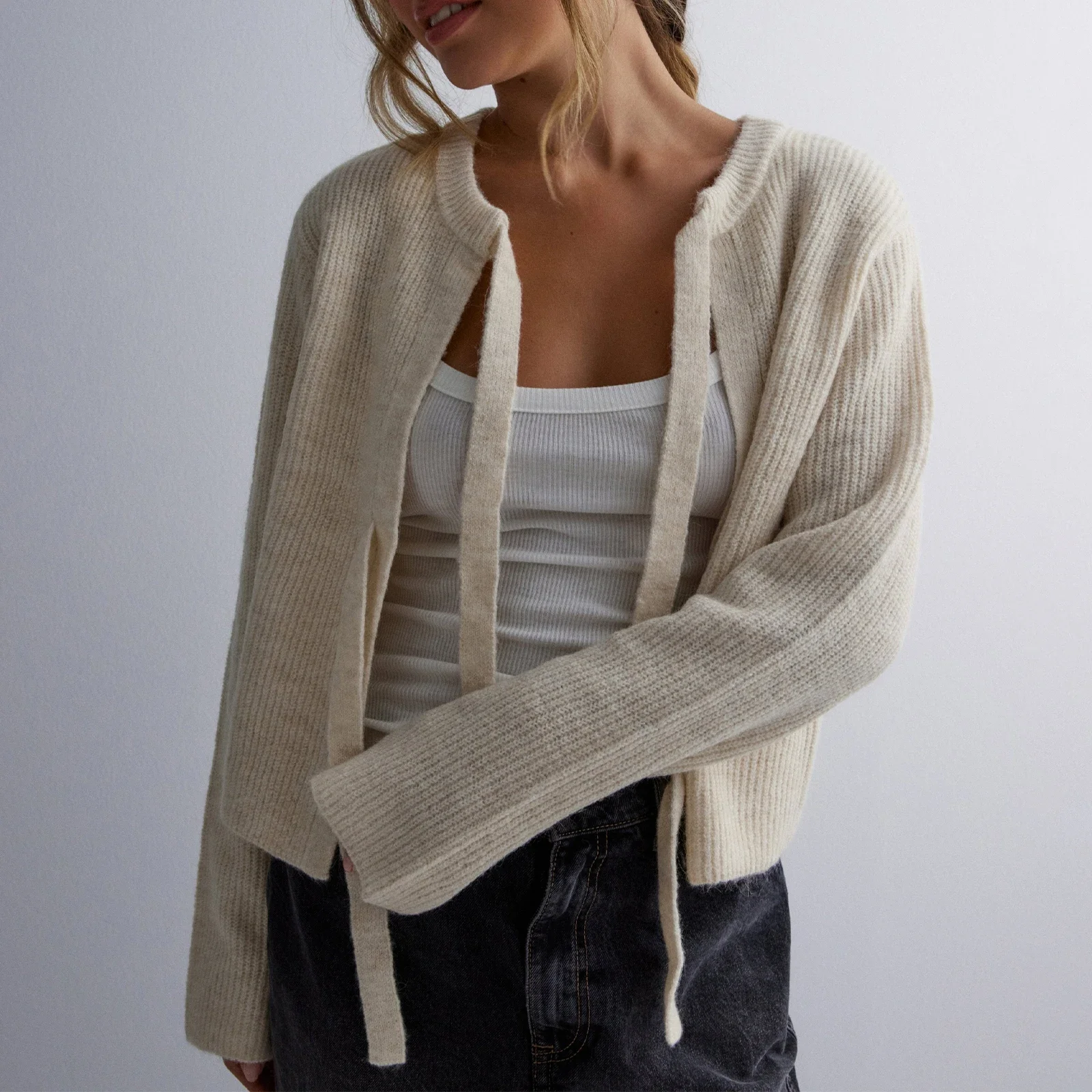 Women's Knit Sweater Long Sleeve Crew Neck Bow Tie Front Solid Color Cardigan Hollow Out Sweater Winter Fall Streetwear