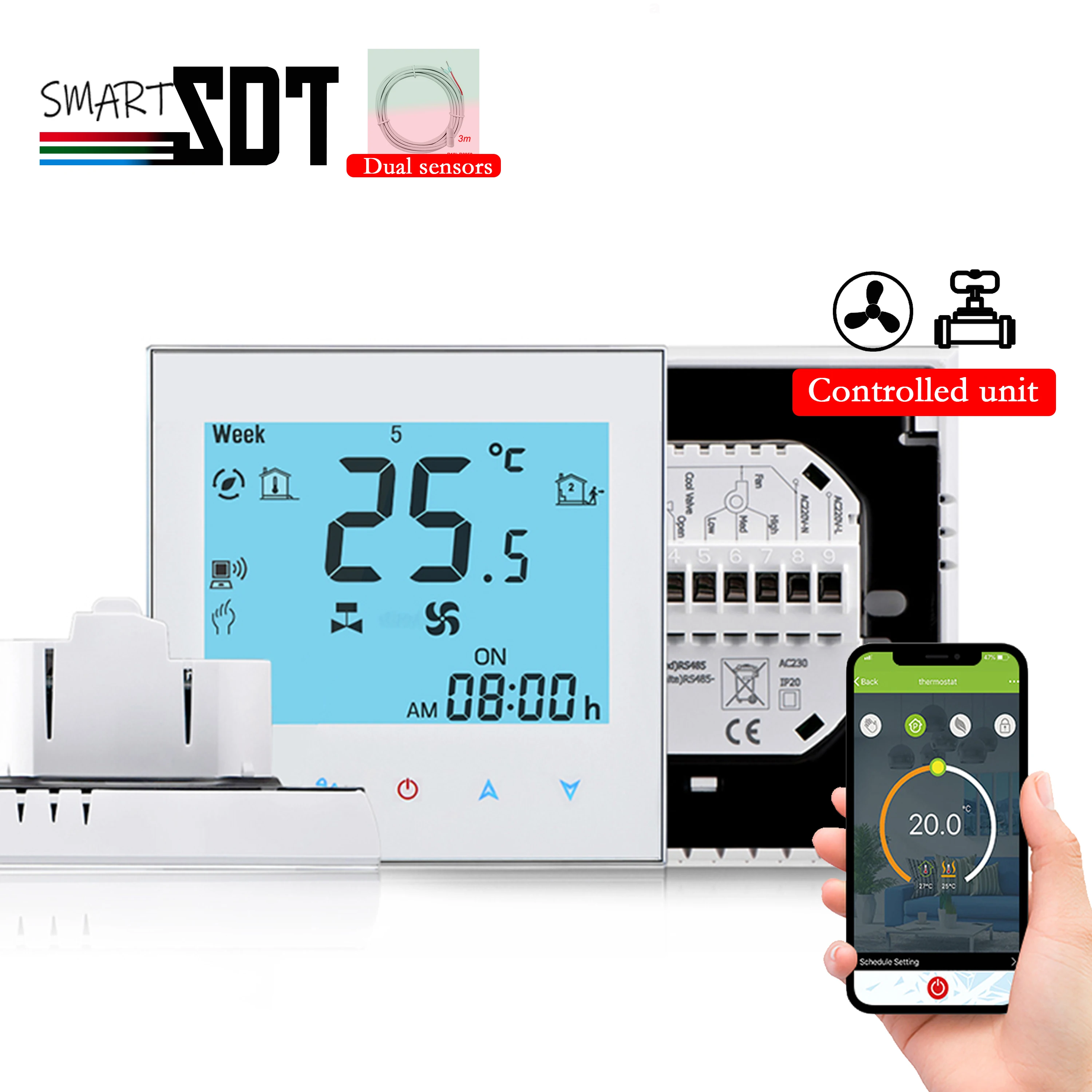 Smart WiFi/RS485 Thermostat With 0-10V Analog,100% NC/NO Valve,Dual Sensor,3-Speed Fan,Remote Cooling/Heating Control