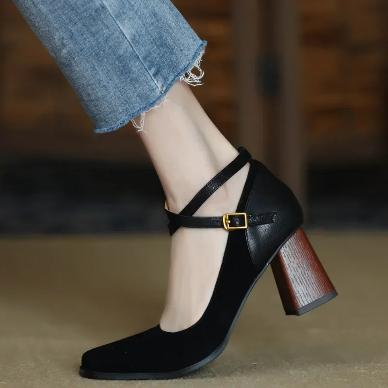 Women's Single Shoes Summer New Square Head Shallow Mouth Thin Strap Buckle Mary Jane Shoes Fashion Temperament Raise High Heels