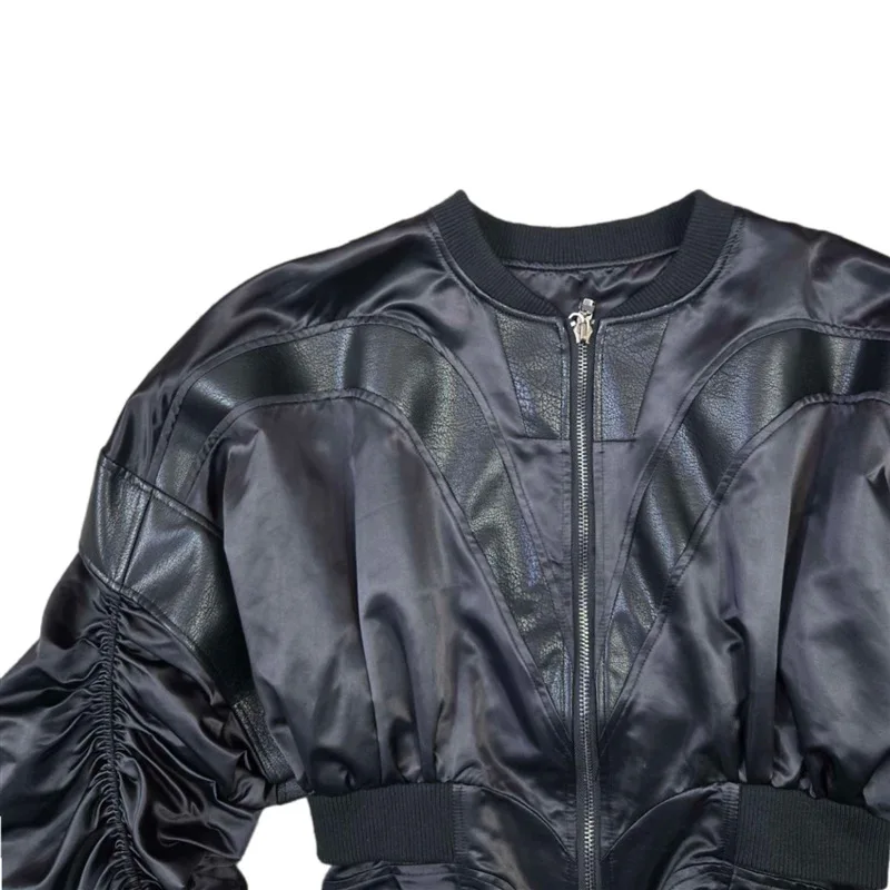 HKSH Otoño Invierno nueva chaqueta de cuero PU para mujer nicho de marea cintura ajustada Patchwork manga fruncida béisbol moda abrigo elegante HK12770