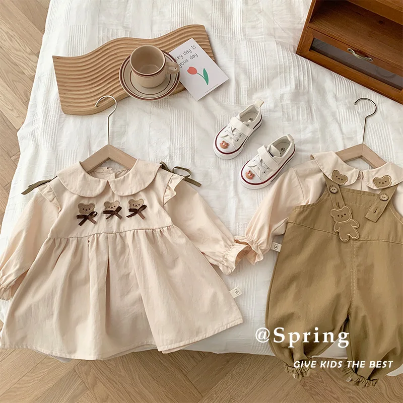 2024 Girls Bear Shirt 0-6 Years Old Spring Korean Girls Clothes Baby Doll Collar Shirt Kids Cute Dress Outwear