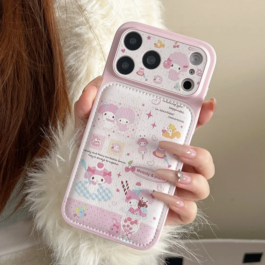 Niedliche Cartoon Sanrio Melody Leder-Handyhülle für iPhone 17 16 15 14 Pro Max Kameralinsen-Schutz Stoßfeste Weiche Telefonhülle