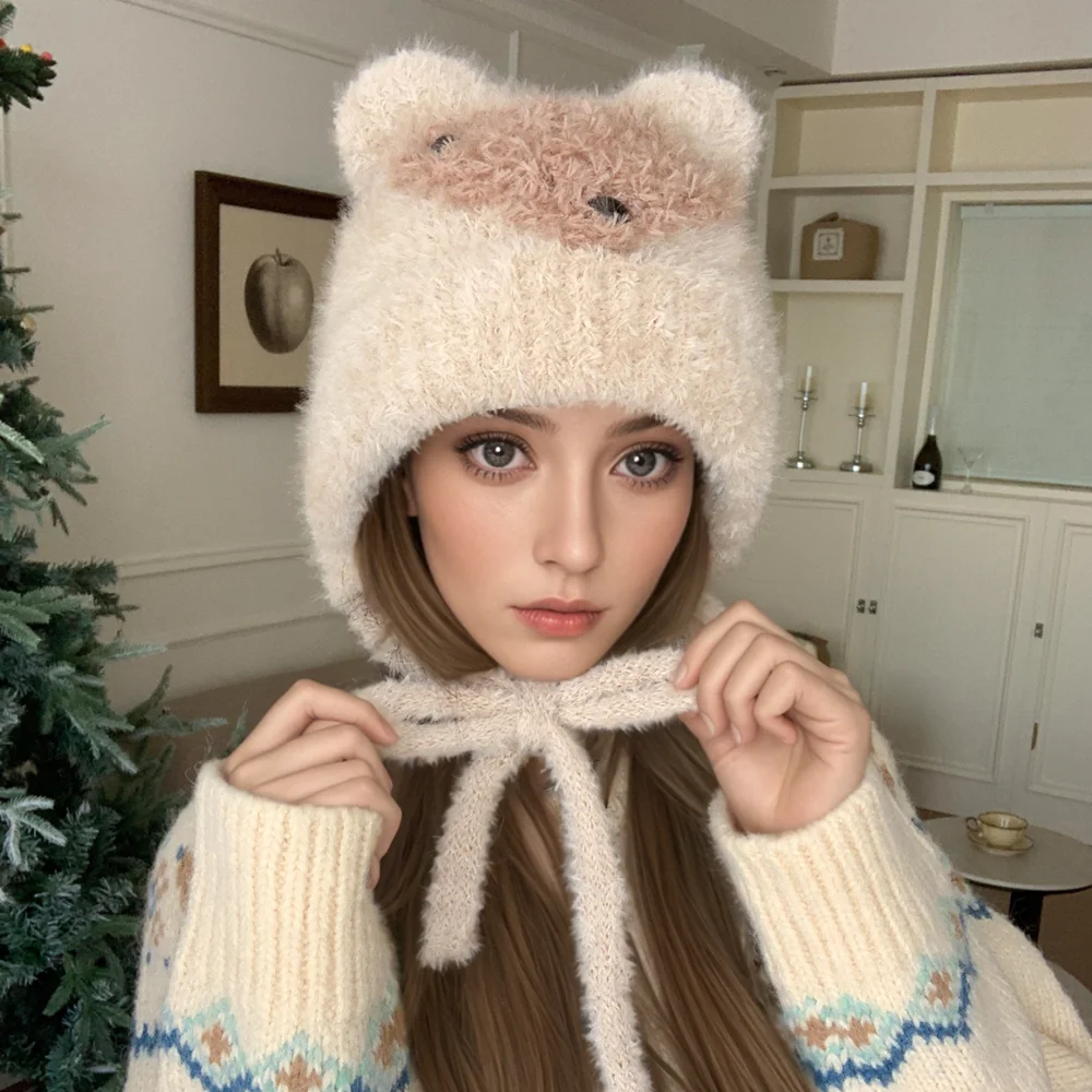 

Hot Sale Women Cute FOX Design Plush Fur Warm Winter Hat Young Trendy Knitted Hat With Ear Girls Lovely Elegant Fur Winter Cap