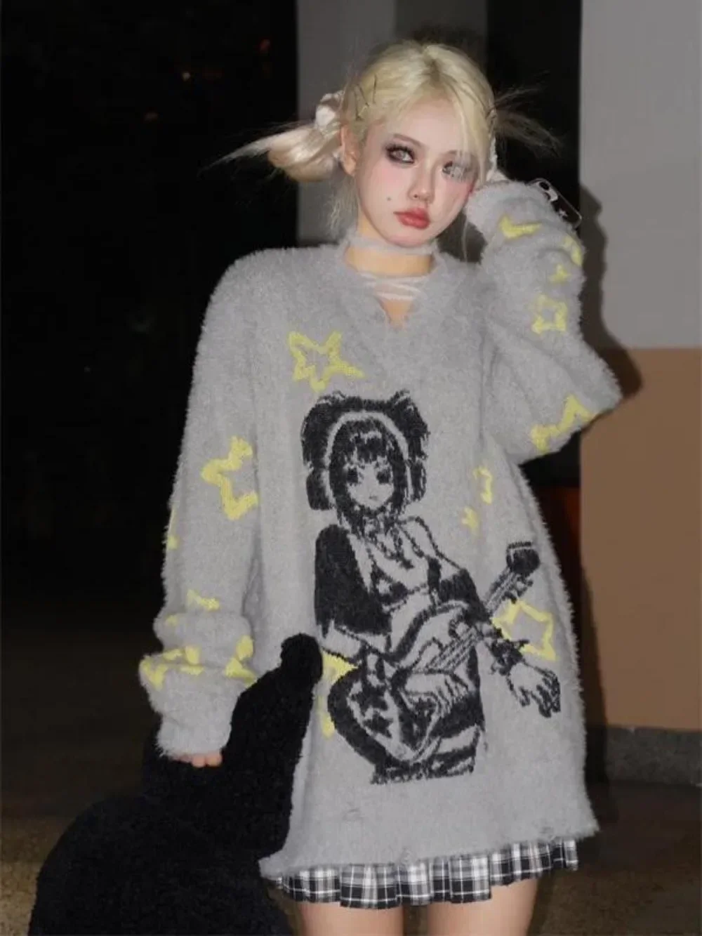 Korean Fashion Star Anime Graphic Aesthetic Women Knitted Sweater Vintage Goth Female Jumper Knitwear Y2k Clothes Women Pullover