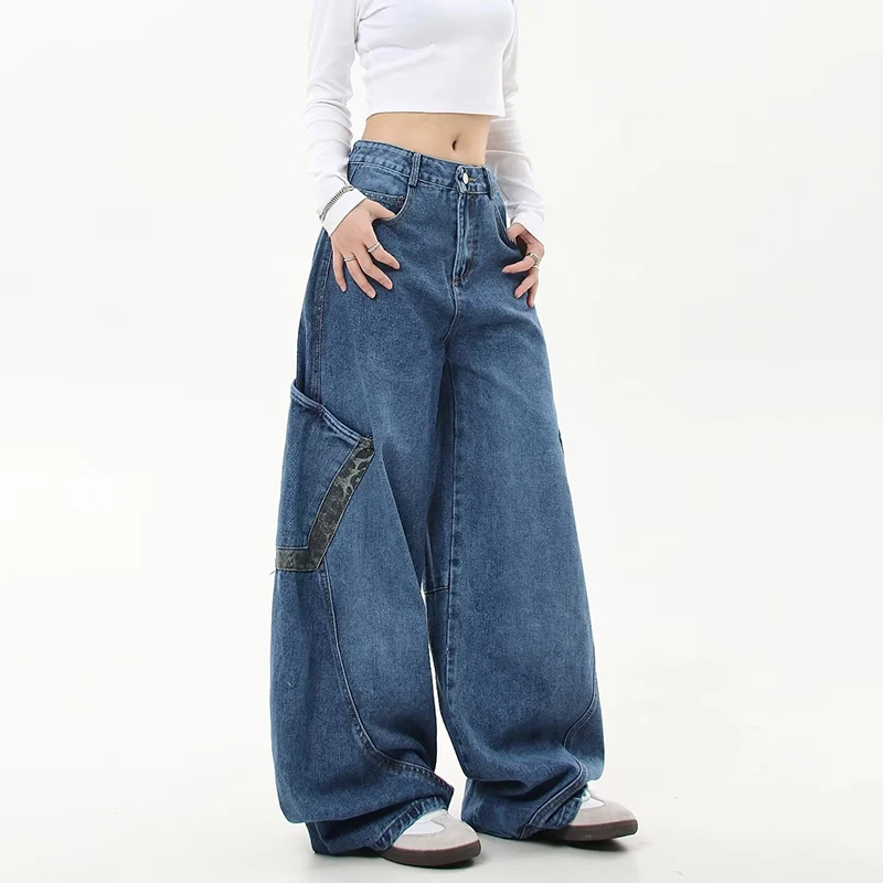Jeans coreani retrò vintage a gamba larga per donna Pantaloni patchwork con stampa leopardata autunno e inverno Jeans larghi a vita alta
