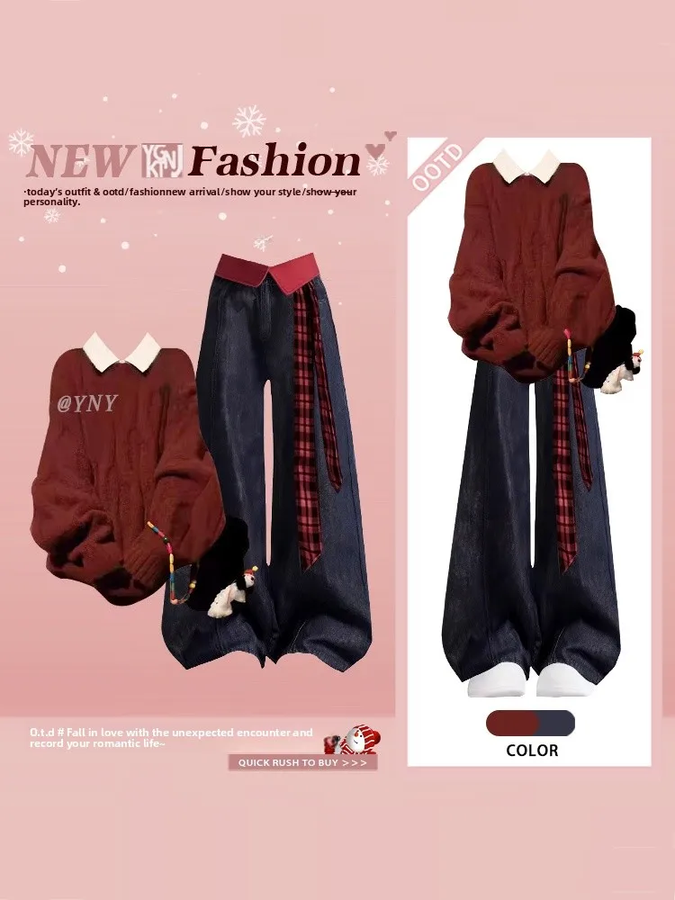 Rode trui hoge taille wijde pijpen jeans kleur blo gordel winter faion set tee stuk dames college sle nieuwjaar outfit