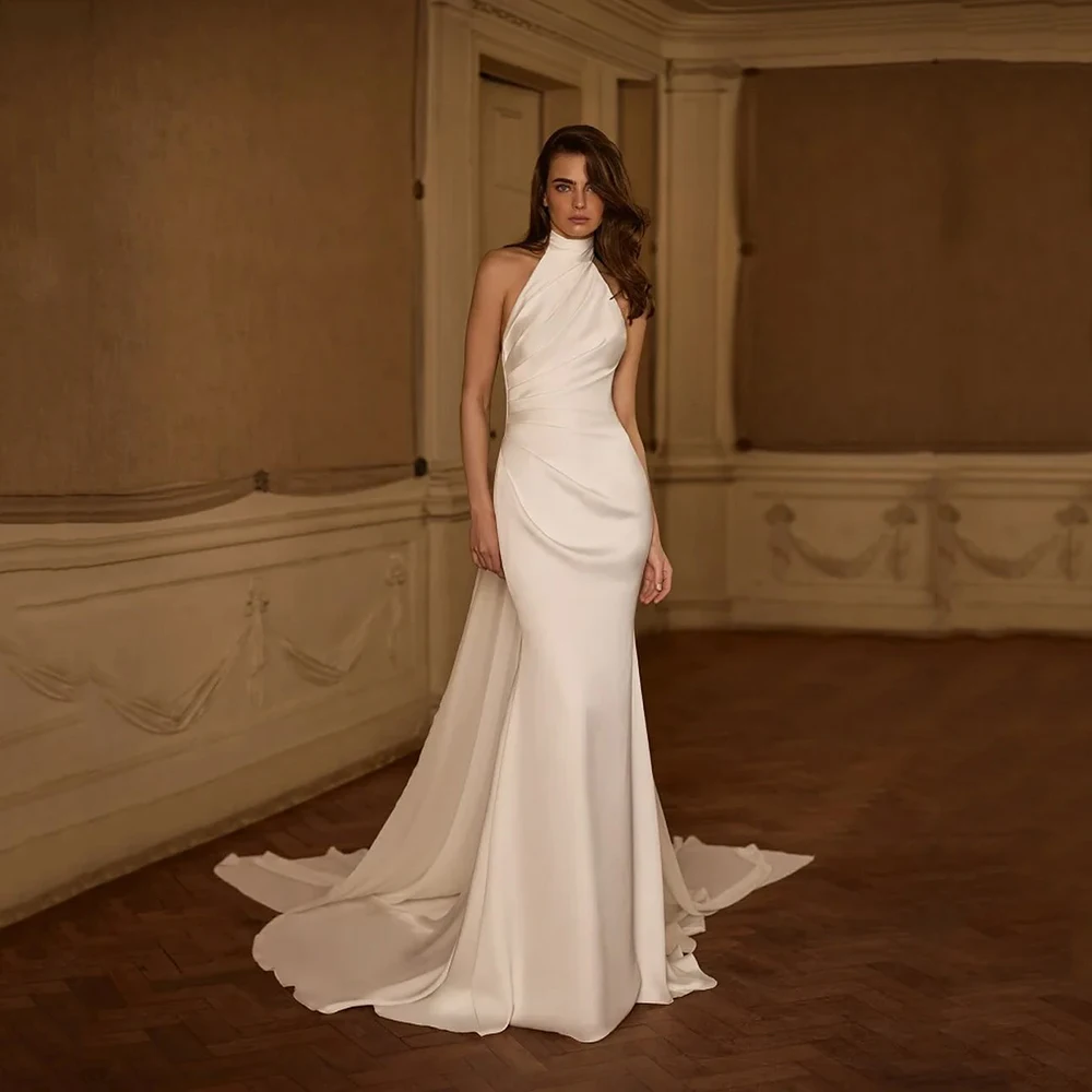 빈티지 머메이드 웨딩 드레스 여성용 홀터 백리스 케이프 롱 브라이덜 드레스 섹시 버튼 2025 웨딩 파티 가운 맞춤 제작