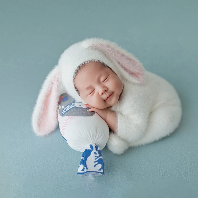 Rabbit Theme Baby Photography Clothing Soft Rabbit Jumpsuit + Hat 2pcs/Set Handmade Animal Doll Baby Photo Shooting Accessories