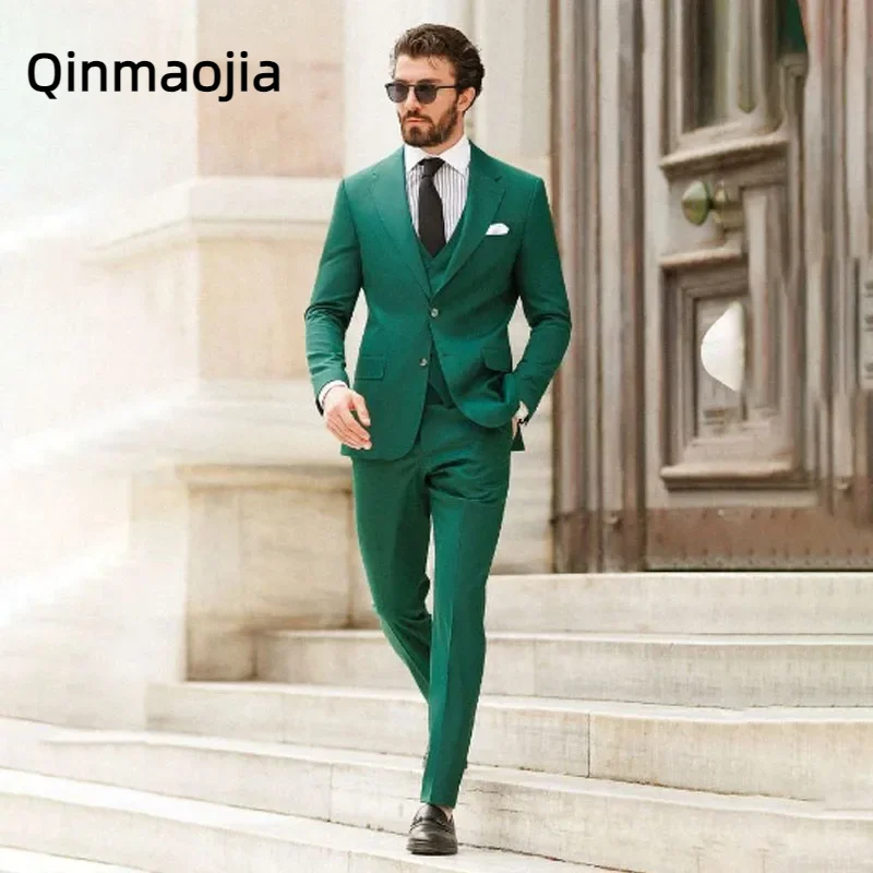 

Formal Business Casual Green Men Suits Fashion Notch Lapel 3 Piece Wedding Groom Tuxedo Slim Fit (Blazer+Vest+Pants)Costume