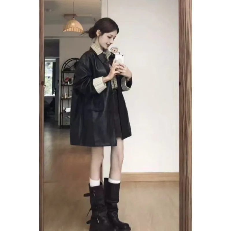 

Ретро-куртка женская демисезонная из искусственной кожи, свободного кроя, однотонная, с отложным воротником, модная, средней длины, универсальная