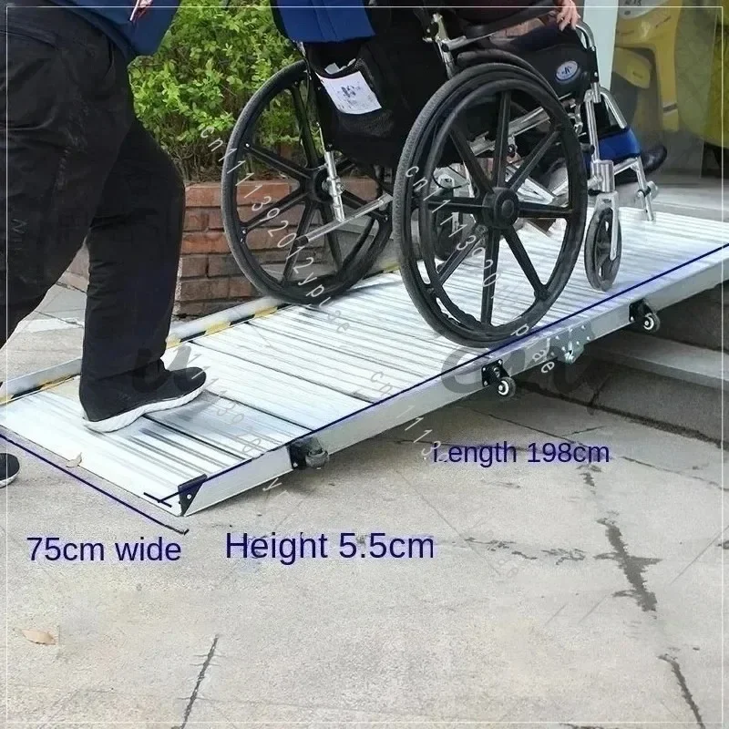 Portable Aluminum Alloy Foldable Ramp Board, Wheeled Access Component for Stair Barrier Crossing