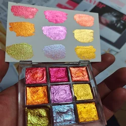 Watercolor Paint 9 Colors Pigment Metallic Glitter Gold Pearlescent Watercolors Nail DIY Drawing Art Supplies for Artist