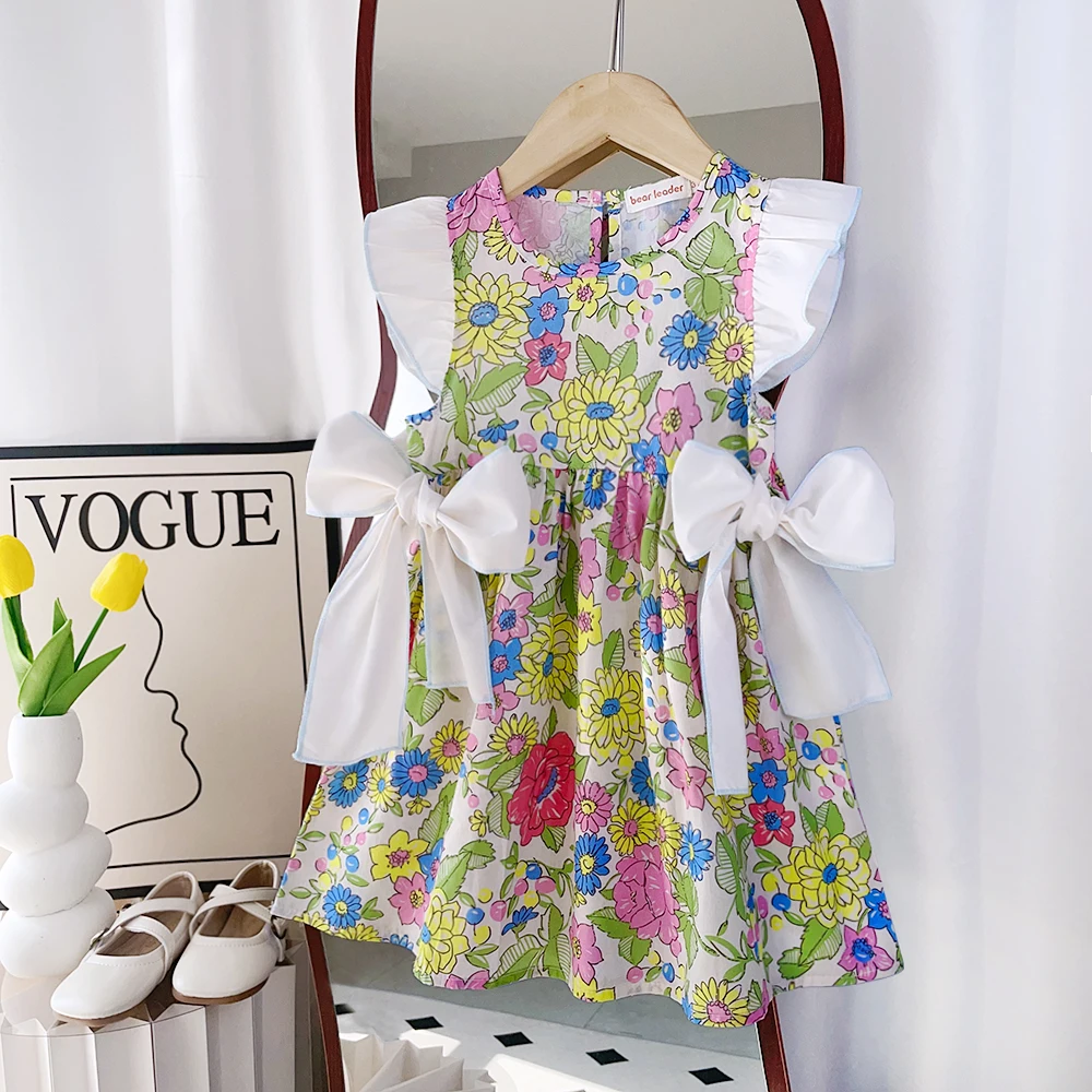 Girls' Dress 2024 Summer New Girls' Round Neck Flower Print Flying Sleeve Bow Tie Dress Children's Print Dress