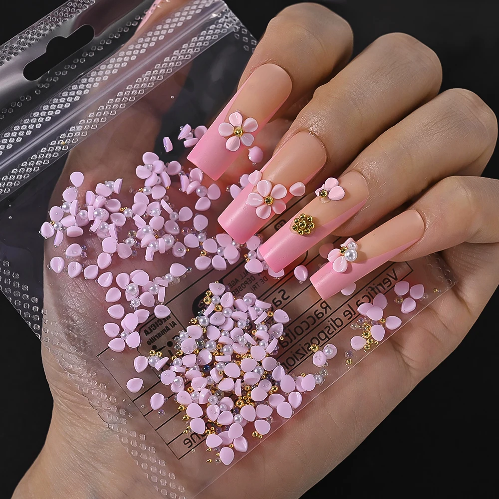 150Pcs 3D Pink Petals Flower Nail Art Decorations with Pearl&Steel Beads Flowers Nails Charms DIY Carving Floral Nail Supplies 1