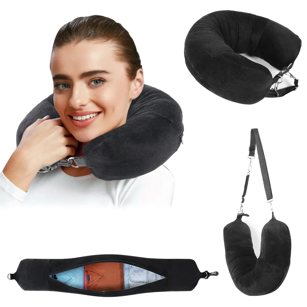 Travesseiro de pescoço para viagem com roupas preenchíveis, fronha em forma de U, bolsa de armazenamento extra, capa de almofada de pescoço de veludo para viagens em avião