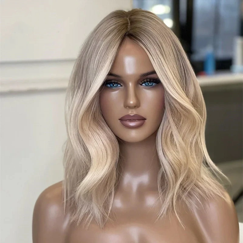 Peruca de cabelo humano colorido para mulheres, Ash Blonde Highlights, Short Bob, Straight Lace Frontal Wig, Platinum Glueless Wigs, Venda, 13x4