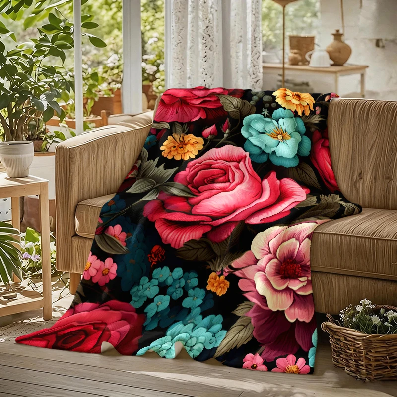 Red Pink Roses Yellow Ultra-Soft Fluffy Flannel Blanket Super Cozy Lightweight Bed Blanket for Halloween Sofa Bed Christmas