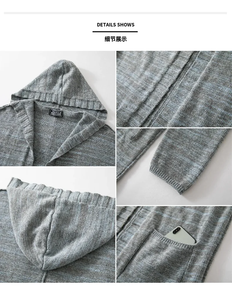 Herfst Winter 2025 Mode Heren Grijs Casual Trendy Lange Mouw Capuchon Knielengte Gebreide Trui Jas Mannelijke Breasted Kleding