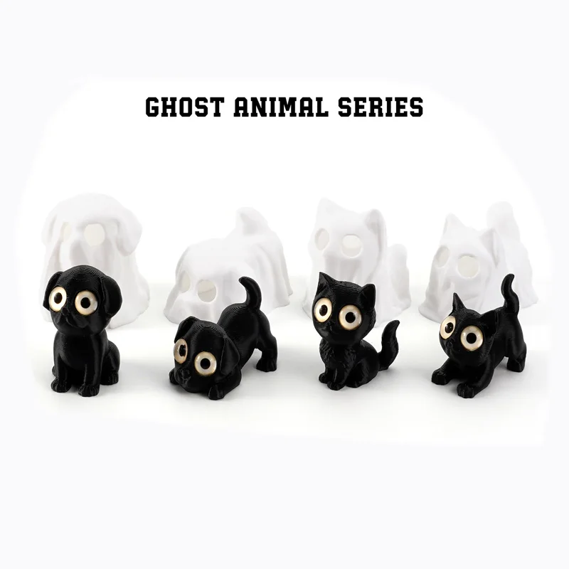 4/8pcs 3D Printed Cat Dog Decorative Figurines Toys Cute Mini Cat Statues Animal Model Halloween Ghost Pet Halloween Gift