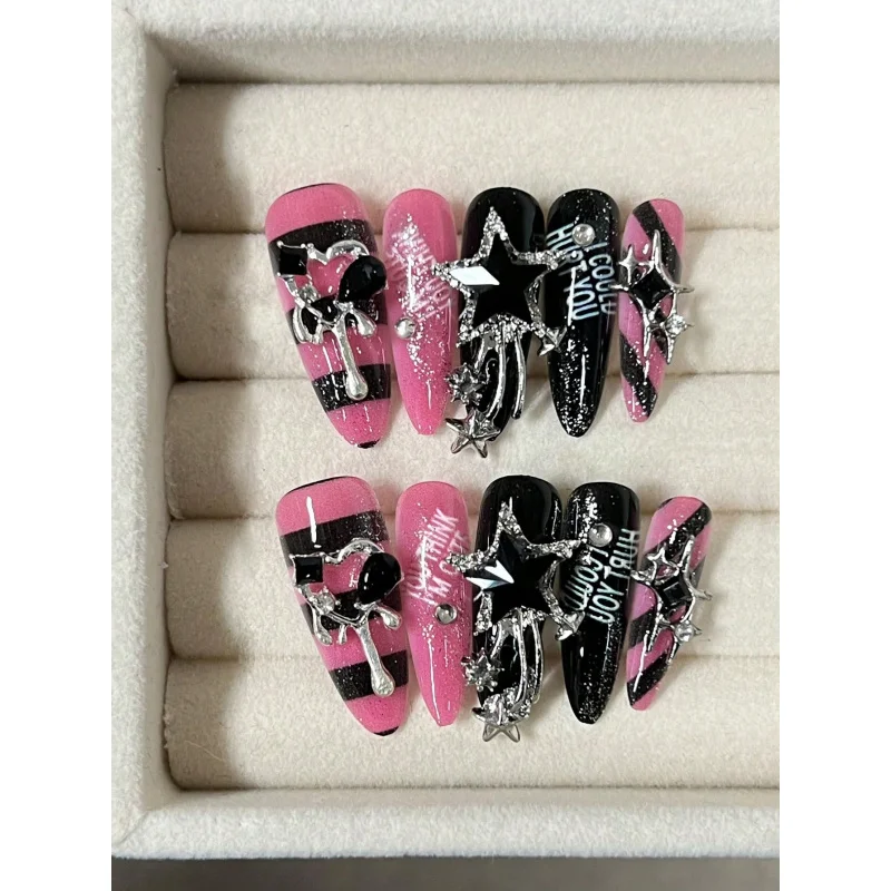 

10 Pieces Of Long Water Drop Almond Tip Nails Handmade European And American Hot Girl Striped Nail Art Sequins Fine Glitter