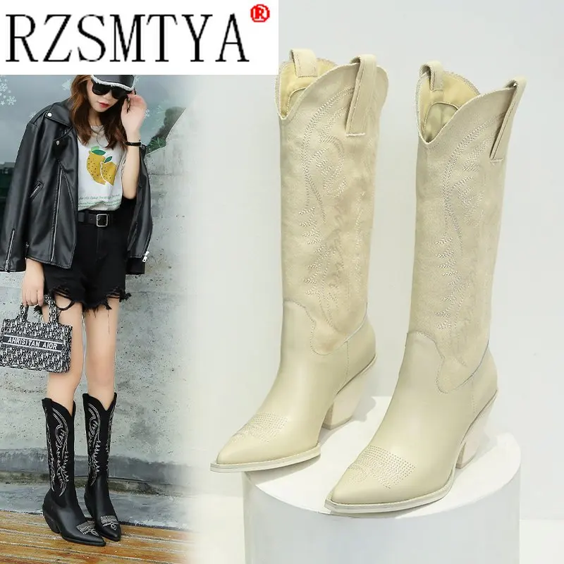 2020  Women High Heels Wedges Long Riding Boots Winter Knee High Boots Designer Beige Heels Western Cowboy Boots A162