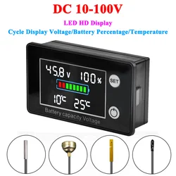 DC 10V-100V Digital Battery Voltmeter Volt Temp Battery Monitor Lead-acid Lithium Battery Capacity Indicator 12V 24V 48V 72V 84V