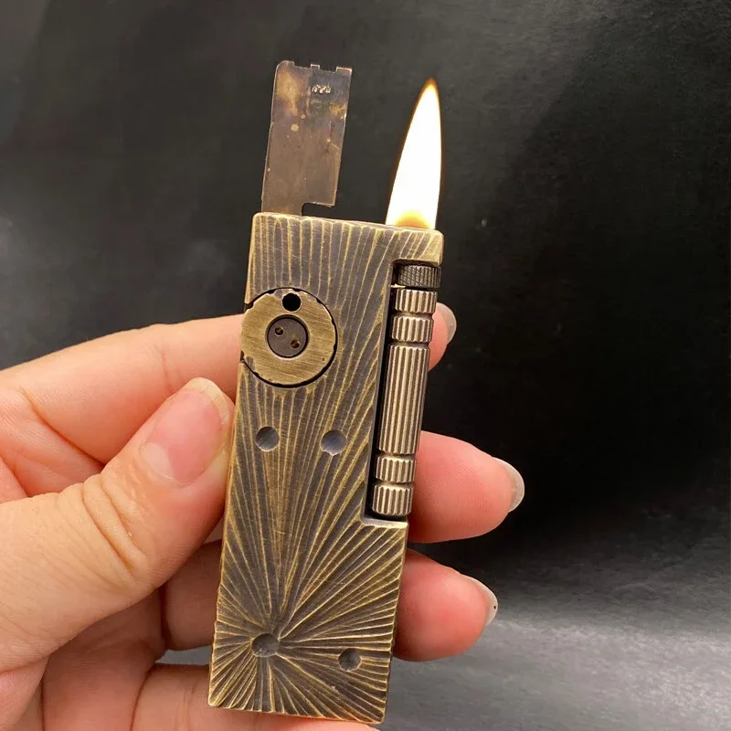 Brass Retro Handmade Carving Arm Side Pulley Igniter Kerosene Lighter Dual Oil Tank Spare Ignite Storage Unusual Lighters Gatget